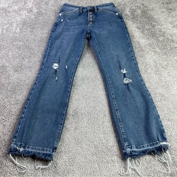We The Free Jeans Women's 25 Blue Slim Skinny Leg Frayed Hem Ripped Button Fly - Picture 2 of 13
